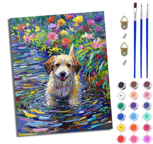 Malen Nach Zahlen Erwachsene Malen Nach Zahlen mit Pinseln und Acrylfarben Niedlicher Welpe spielt im Wasser einfaches DIY-Ölgemälde-Set auf Leinwand mit3- Pinseln und Acrylpigment（Mit Rahmen） von WJWWANG