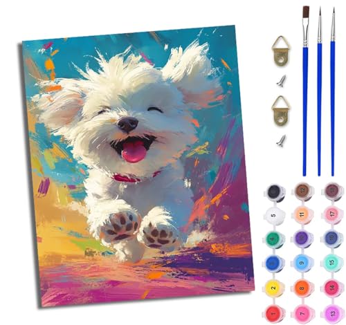 Malen Nach Zahlen Erwachsene Malen Nach Zahlen mit Pinseln und Acrylfarben Niedlicher springender Welpe einfaches DIY-Ölgemälde-Set auf Leinwand mit3- Pinseln und Acrylpigment lustiges（Mit Rahmen） von WJWWANG