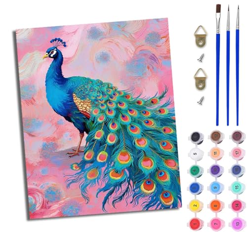 Malen Nach Zahlen Erwachsene Malen Nach Zahlen mit Pinseln und Acrylfarben Pfauenfantasie einfaches DIY-Ölgemälde-Set auf Leinwand mit3- Pinseln und Acrylpigment lustiges（Mit Rahmen） von WJWWANG