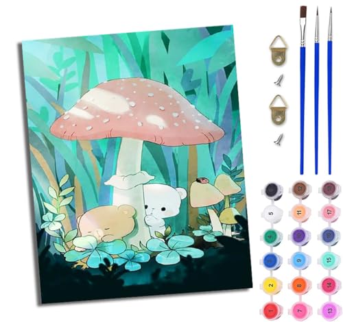 Malen Nach Zahlen Erwachsene Malen Nach Zahlen mit Pinseln und Acrylfarben Pilz süßer Bär einfaches DIY-Ölgemälde-Set auf Leinwand mit3- Pinseln und Acrylpigment lustiges（Mit Rahmen） von WJWWANG