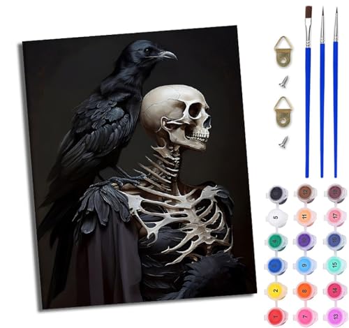 Malen Nach Zahlen Erwachsene Malen Nach Zahlen mit Pinseln und Acrylfarben Schädel Schwarze Krähe einfaches DIY-Ölgemälde-Set auf Leinwand mit3- Pinseln und Acrylpigment lustiges（Mit Rahmen） von WJWWANG