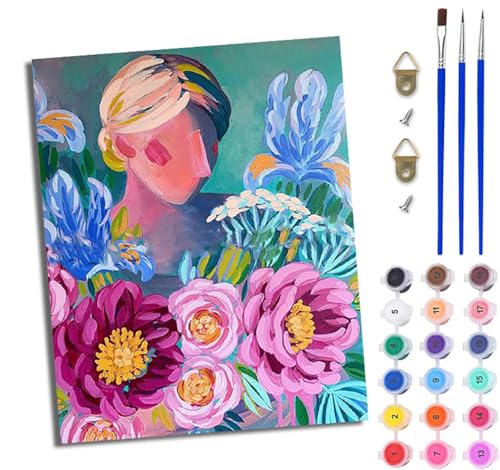 Malen Nach Zahlen Erwachsene Malen Nach Zahlen mit Pinseln und Acrylfarben Schöne bunte Blumen einfaches DIY-Ölgemälde-Set auf Leinwand mit3- Pinseln und Acrylpigment lustiges（Mit Rahmen） von WJWWANG
