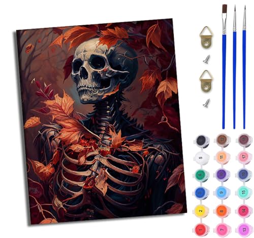 Malen Nach Zahlen Erwachsene Malen Nach Zahlen mit Pinseln und Acrylfarben Skelettblätter einfaches DIY-Ölgemälde-Set auf Leinwand mit3- Pinseln und Acrylpigment lustiges（Mit Rahmen） von WJWWANG