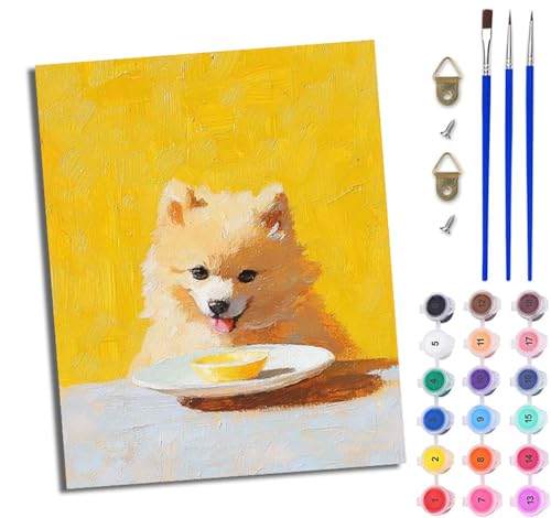 Malen Nach Zahlen Erwachsene Malen Nach Zahlen mit Pinseln und Acrylfarben Süßer Welpenkuchen einfaches DIY-Ölgemälde-Set auf Leinwand mit3- Pinseln und Acrylpigment lustiges（Mit Rahmen） von WJWWANG