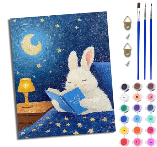 Malen Nach Zahlen Erwachsene Malen Nach Zahlen mit Pinseln und Acrylfarben Süßes Häschen gute Nacht einfaches DIY-Ölgemälde-Set auf Leinwand mit3- Pinseln und Acrylpigment lustiges（Mit Rahmen） von WJWWANG