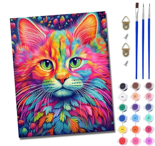 Malen Nach Zahlen Erwachsene Malen Nach Zahlen mit Pinseln und Acrylfarben Süßes Kätzchen bunt einfaches DIY-Ölgemälde-Set auf Leinwand mit3- Pinseln und Acrylpigment lustiges（Mit Rahmen） von WJWWANG