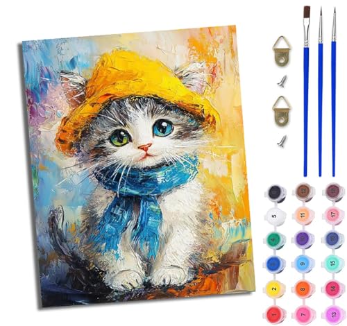 Malen Nach Zahlen Erwachsene Malen Nach Zahlen mit Pinseln und Acrylfarben Süßes Kätzchen mit Hut einfaches DIY-Ölgemälde-Set auf Leinwand mit3- Pinseln und Acrylpigment lustiges（Mit Rahmen） von WJWWANG