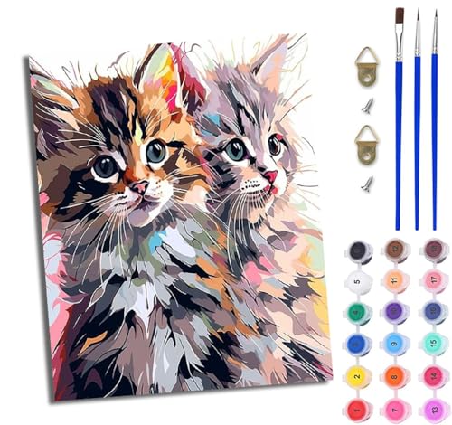 Malen Nach Zahlen Erwachsene Malen Nach Zahlen mit Pinseln und Acrylfarben Süßes Kätzchenpaar einfaches DIY-Ölgemälde-Set auf Leinwand mit3- Pinseln und Acrylpigment lustiges（Mit Rahmen） von WJWWANG