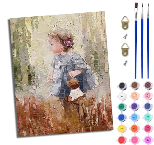 Malen Nach Zahlen Erwachsene Malen Nach Zahlen mit Pinseln und Acrylfarben Süßes Mädchen und Puppe einfaches DIY-Ölgemälde-Set auf Leinwand mit3- Pinseln und Acrylpigment lustiges Mit Rahmen von WJWWANG