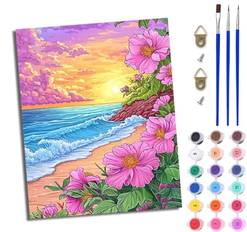 Malen Nach Zahlen Erwachsene Malen Nach Zahlen mit Pinseln und Acrylfarben Verträumte Blumen und Wellen einfaches DIY-Ölgemälde-Set auf Leinwand mit3- Pinseln und Acrylpigment lustiges（Mit Rahmen） von WJWWANG