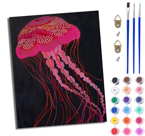 Malen Nach Zahlen Erwachsene Malen Nach Zahlen mit Pinseln und Acrylfarben Verträumte rosa Qualle einfaches DIY-Ölgemälde-Set auf Leinwand mit3- Pinseln und Acrylpigment lustiges（Mit Rahmen） von WJWWANG