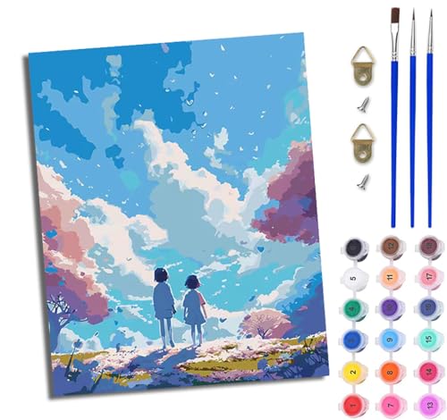 Malen Nach Zahlen Erwachsene Malen Nach Zahlen mit Pinseln und Acrylfarben Verträumter blauer Himmel Freunde einfaches DIY-Ölgemälde-Set auf Leinwand mit3- Pinseln und Acrylpigment（Mit Rahmen） von WJWWANG