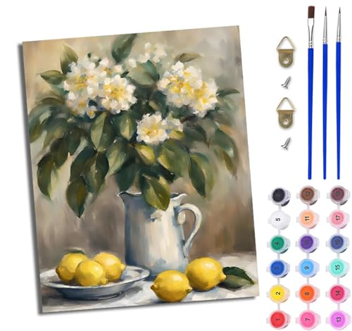 Malen Nach Zahlen Erwachsene Malen Nach Zahlen mit Pinseln und Acrylfarben Zitronenvase Blumen einfaches DIY-Ölgemälde-Set auf Leinwand mit3- Pinseln und Acrylpigment lustiges（Mit Rahmen） von WJWWANG