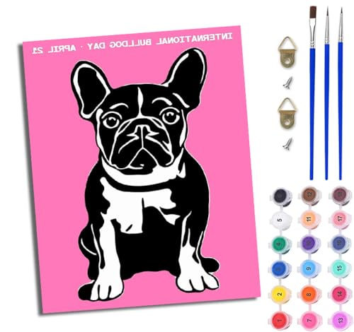Malen Nach Zahlen Erwachsene Paint by Numbers Malen Nach Zahlen mit Pinseln und Acrylfarben Französische Bulldogge auf rosa Hintergrund Handgemalte Ölgemälde Leinwand für Home Décor Ohne Rahmen von WJWWANG