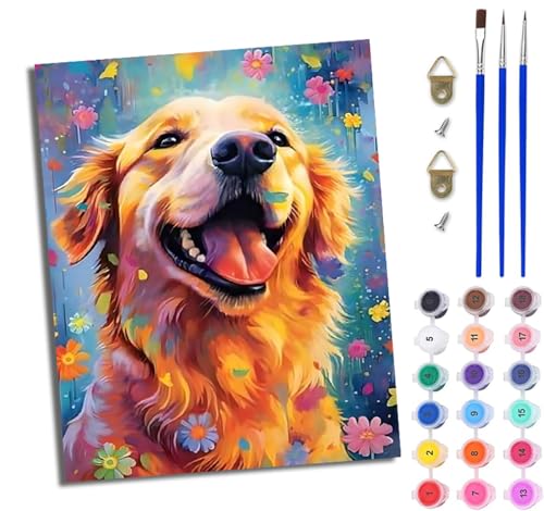 Malen nach Zahlen DIY Handgemalt Ölgemälde Set für Anfänger und Jugendliche Glückliche Golden Retriever Blumen Pinsel und Acrylfarbe 40x50 cm Mit Rahmen ideal als Geschenk oder zur Heimdekoration Malen nach Zahlen DIY Handgemalt Ölgemälde Set für Anfänger und Jugendliche Glückliche Golden Retriever Blumen Pinsel und Acrylfarbe 40x50 cm Mit Rahmen ideal als Geschenk oder zur Heimdekoration von WJWWANG