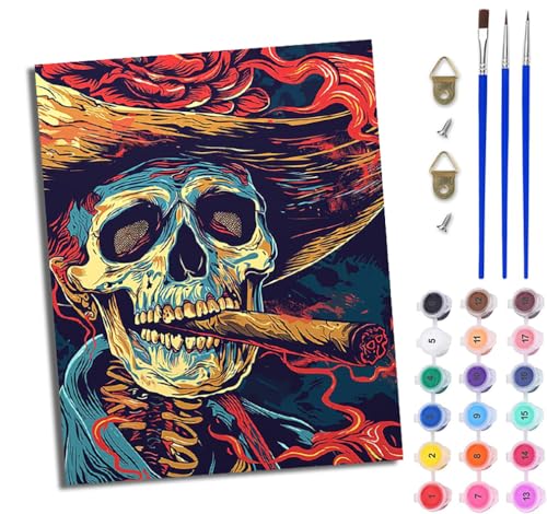 Malen nach Zahlen DIY Handgemalt Ölgemälde Set für Anfänger und Jugendliche gruseliger Totenkopf, der raucht Pinsel und Acrylfarbe 40x50 cm Mit Rahmen ideal als Geschenk oder zur Heimdekoration von WJWWANG