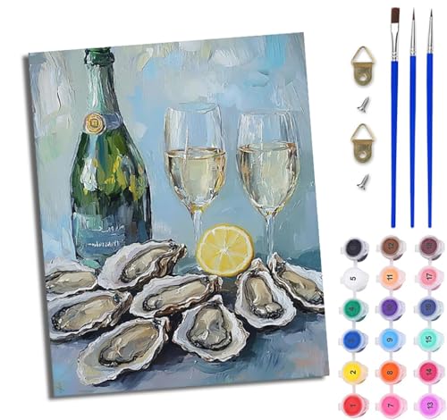 Malen nach Zahlen für Erwachsene Champagner-Zitronen-Austern einfaches DIY-Ölgemälde-Set auf Leinwand mit3- Pinseln und Acrylpigment lustiges 40 × 50 cm（Rahmenlos） von WJWWANG