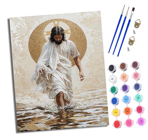 Malen nach Zahlen für Erwachsene Jesus geht über die Wellen einfaches DIY-Ölgemälde-Set auf Leinwand mit3- Pinseln und Acrylpigment lustiges 40 × 50 cm（Rahmenlos） von WJWWANG