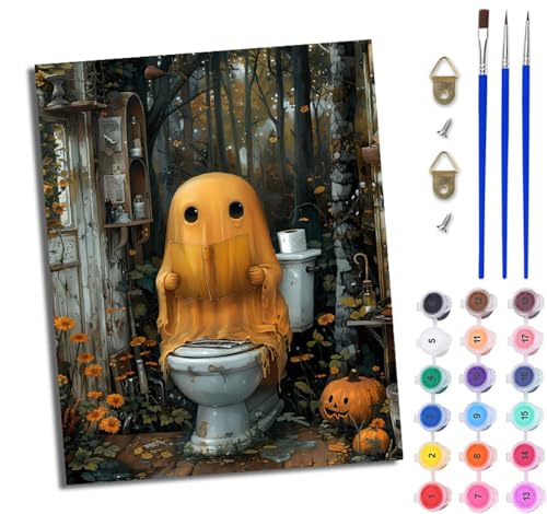 Malen nach Zahlen für Erwachsene Toilette, gelber Geist einfaches DIY-Ölgemälde-Set auf Leinwand mit3- Pinseln und Acrylpigment lustiges 40 × 50 cm（Rahmenlos） von WJWWANG