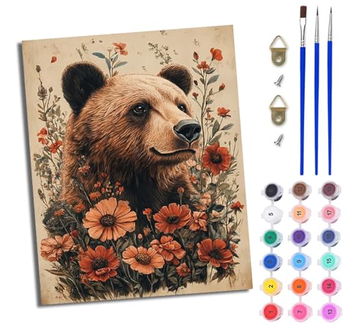 WJWWANG Malen Nach Zahlen DIY auf Leinwand Kit für Anfänger Blume Braunbär Mit Acryl Farben und Premium Pinsel 40x50CM Home Deko oder Geburtstag Weihnachten Geschenk von WJWWANG