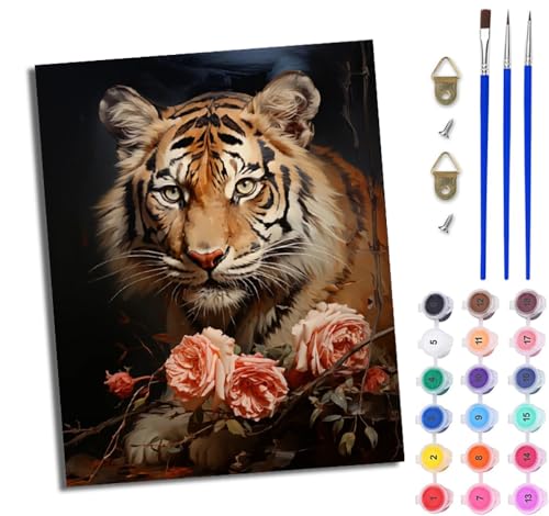 WJWWANG Malen Nach Zahlen DIY auf Leinwand Kit für Anfänger Blumentiger Mit Acryl Farben und Premium Pinsel 40x50CM Home Deko oder Geburtstag Weihnachten Geschenk von WJWWANG