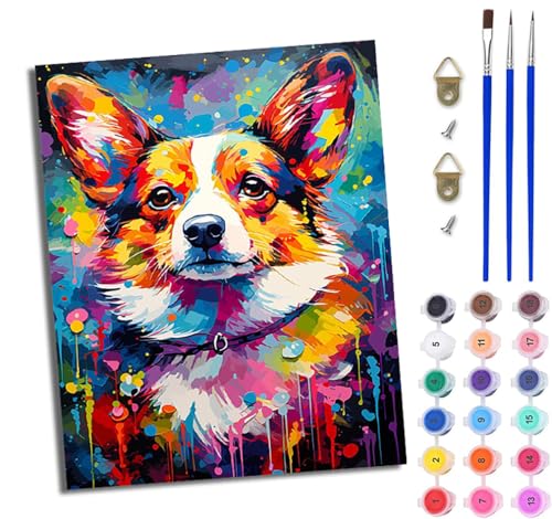 WJWWANG Malen Nach Zahlen DIY auf Leinwand Kit für Anfänger Corgi im Tintenstrahl-Stil Mit Acryl Farben und Premium Pinsel 40x50CM Home Deko oder Geburtstag Weihnachten Geschenk von WJWWANG
