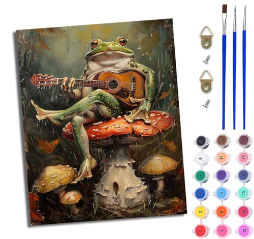 WJWWANG Malen Nach Zahlen DIY auf Leinwand Kit für Anfänger Frosch spielt Gitarre Mit Acryl Farben und Premium Pinsel 40x50CM Home Deko oder Geburtstag Weihnachten Geschenk von WJWWANG