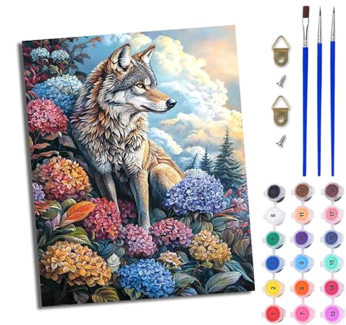 WJWWANG Malen Nach Zahlen DIY auf Leinwand Kit für Anfänger Hortensie Buschwolf Mit Acryl Farben und Premium Pinsel 40x50CM Home Deko oder Geburtstag Weihnachten Geschenk von WJWWANG