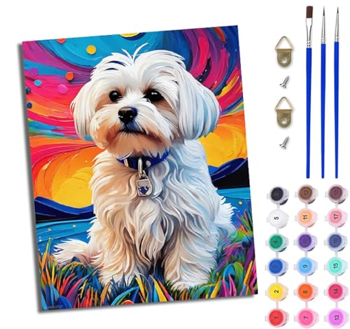 WJWWANG Malen Nach Zahlen DIY auf Leinwand Kit für Anfänger Malteser Hund Mit Acryl Farben und Premium Pinsel 40x50CM Home Deko oder Geburtstag Weihnachten Geschenk von WJWWANG
