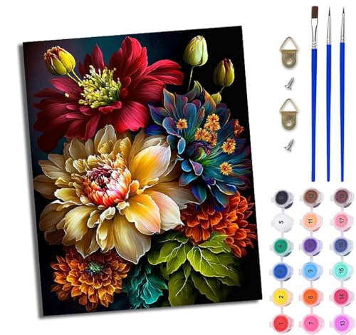 WJWWANG Malen Nach Zahlen DIY auf Leinwand Kit für Anfänger Mexikanische Dahlie Mit Acryl Farben und Premium Pinsel 40x50CM Home Deko oder Geburtstag Weihnachten Geschenk von WJWWANG