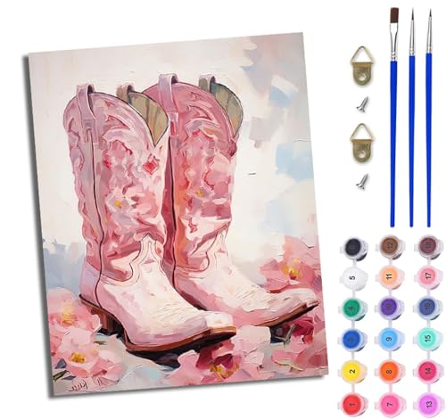 WJWWANG Malen Nach Zahlen DIY auf Leinwand Kit für Anfänger Rosa Stiefel Blumen Mit Acryl Farben und Premium Pinsel 40x50CM Home Deko oder Geburtstag Weihnachten Geschenk von WJWWANG