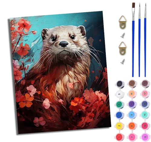 WJWWANG Malen Nach Zahlen DIY auf Leinwand Kit für Anfänger Rote Blumen Otter Mit Acryl Farben und Premium Pinsel 40x50CM Home Deko oder Geburtstag Weihnachten Geschenk von WJWWANG