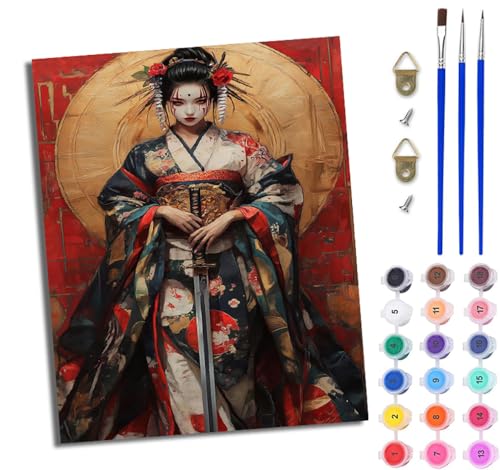 WJWWANG Malen Nach Zahlen DIY auf Leinwand Kit für Anfänger Samurai-Japanerin Mit Acryl Farben und Premium Pinsel 40x50CM Home Deko oder Geburtstag Weihnachten Geschenk von WJWWANG