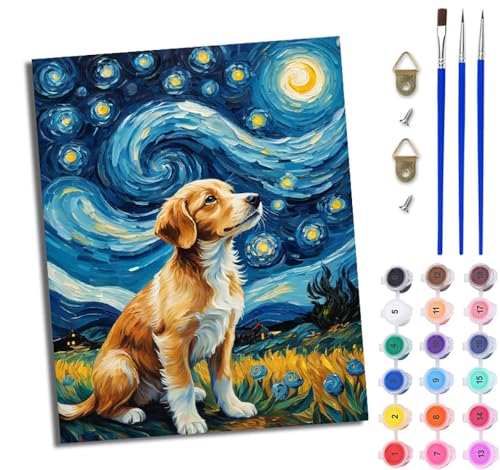 WJWWANG Malen Nach Zahlen DIY auf Leinwand Kit für Anfänger Welpe im Van Gogh-Stil Mit Acryl Farben und Premium Pinsel 40x50CM Home Deko oder Geburtstag Weihnachten Geschenk von WJWWANG