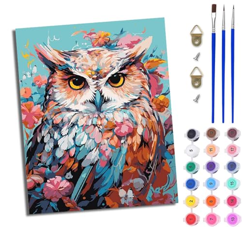 WJWWANG Malen Nach Zahlen Erwachsene Malen Nach Zahlen Eule Blumen Farbe DIY Handgemalt Ölgemälde Kit für Anfänger und Erwachsene Mit 3-Pinseln und Acrylfarbe Mit Rahmen 40X50CM von WJWWANG