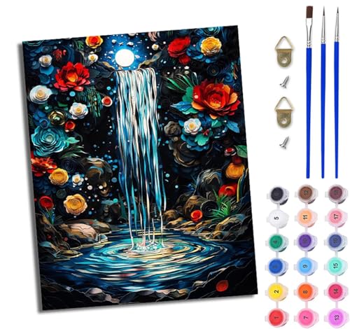 WJWWANG Malen Nach Zahlen Erwachsene Malen Nach Zahlen Fantasie-Blumen-Wasserfall DIY Handgemalt Ölgemälde Kit für Anfänger und Erwachsene Mit 3-Pinseln und Acrylfarbe Mit Rahmen 40X50CM von WJWWANG