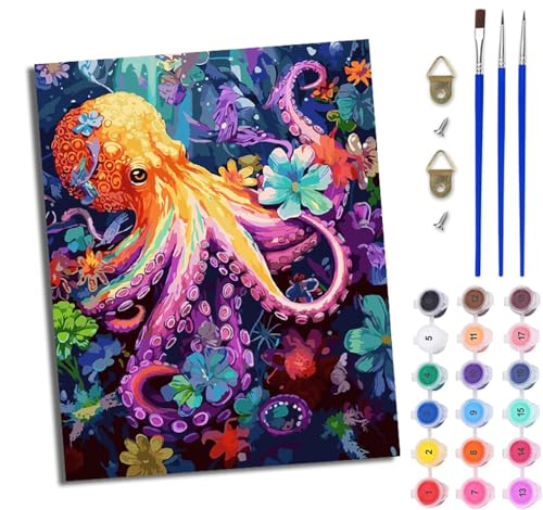 WJWWANG Malen Nach Zahlen Erwachsene Malen Nach Zahlen Großer Oktopus mit bunten Blumen DIY Handgemalt Ölgemälde Leinwand Kit für Anfänger und Erwachsene Ohne Rahmen 40 x 50 cm von WJWWANG
