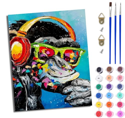 WJWWANG Malen Nach Zahlen Erwachsene Malen Nach Zahlen Orang-Utan mit Kopfhörern DIY Handgemalt Ölgemälde Leinwand Kit für Anfänger und Erwachsene Ohne Rahmen 40 x 50 cm von WJWWANG