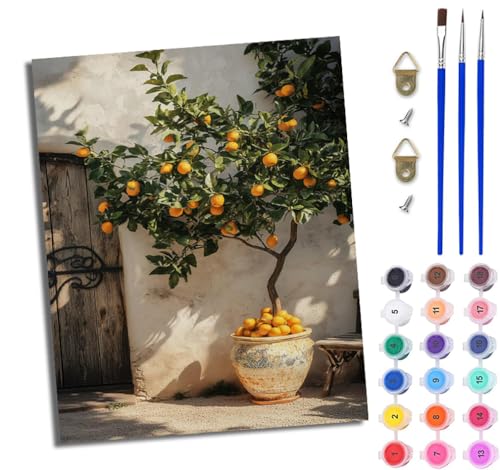 WJWWANG Malen Nach Zahlen Erwachsene Malen Nach Zahlen Orangenbaum vor der Tür DIY Handgemalt Ölgemälde Kit für Anfänger und Erwachsene Mit 3-Pinseln und Acrylfarbe Mit Rahmen 40X50CM von WJWWANG