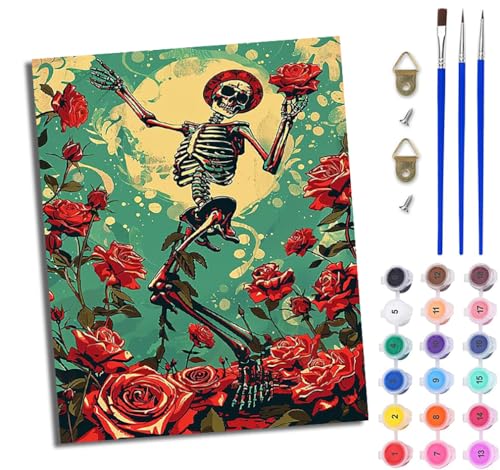 WJWWANG Malen Nach Zahlen Erwachsene Malen Nach Zahlen Rosenschädel DIY Handgemalt Ölgemälde Leinwand Kit für Anfänger und Erwachsene Ohne Rahmen 40 x 50 cm von WJWWANG