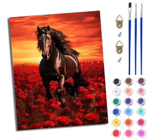 WJWWANG Malen Nach Zahlen Erwachsene Malen Nach Zahlen Rotes Blumenpferd DIY Handgemalt Ölgemälde Leinwand Kit für Anfänger und Erwachsene Ohne Rahmen 40 x 50 cm von WJWWANG
