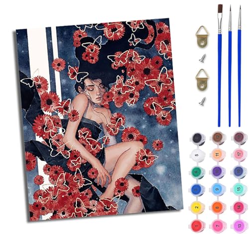 WJWWANG Malen Nach Zahlen Erwachsene Malen Nach Zahlen Schöne sexy Blumen DIY Handgemalt Ölgemälde Kit für Anfänger und Erwachsene Mit 3-Pinseln und Acrylfarbe Mit Rahmen 40X50CM von WJWWANG