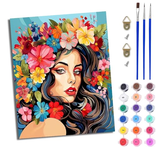 WJWWANG Malen Nach Zahlen Erwachsene Malen Nach Zahlen Schöner Mädchenkopf mit Blumen DIY Handgemalt Ölgemälde Kit für Anfänger und Erwachsene Mit 3-Pinseln und Acrylfarbe Mit Rahmen 40X50CM von WJWWANG