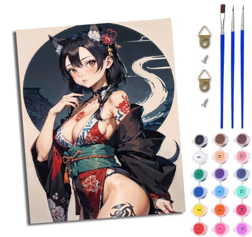 WJWWANG Malen Nach Zahlen Erwachsene Malen Nach Zahlen Tätowiertes Kimono-Mädchen DIY Handgemalt Ölgemälde Leinwand Kit für Anfänger und Erwachsene Ohne Rahmen 40 x 50 cm von WJWWANG