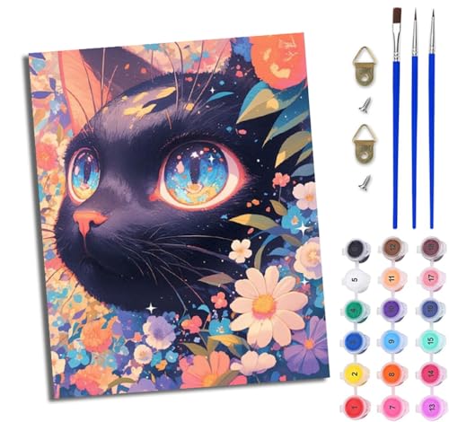 WJWWANG Malen Nach Zahlen Erwachsene Malen Nach Zahlen Verträumte Blumen und schwarze Katze DIY Handgemalt Ölgemälde Kit für Anfänger und Erwachsene Mit 3-Pinseln und Acrylfarbe Mit Rahmen 40X50CM von WJWWANG
