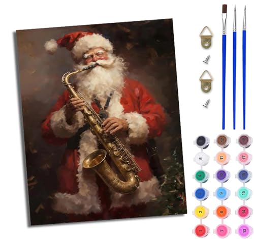 WJWWANG Malen Nach Zahlen Erwachsene Malen Nach Zahlen Weihnachtsmann spielt Saxophon DIY Handgemalt Ölgemälde Leinwand Kit für Anfänger und Erwachsene Ohne Rahmen 40 x 50 cm von WJWWANG