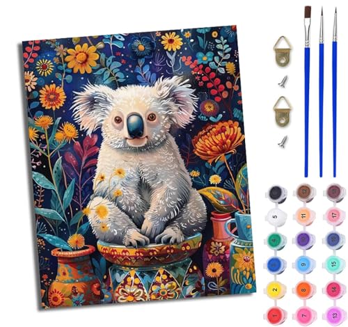 WJWWANG Malen Nach Zahlen Erwachsene Malen Nach Zahlen mit Pinseln und Acrylfarben Süßer Koala mit Blumen einfaches DIY-Ölgemälde-Set auf Leinwand mit3- Pinseln 40 × 50 cm（Mit Rahmen） von WJWWANG