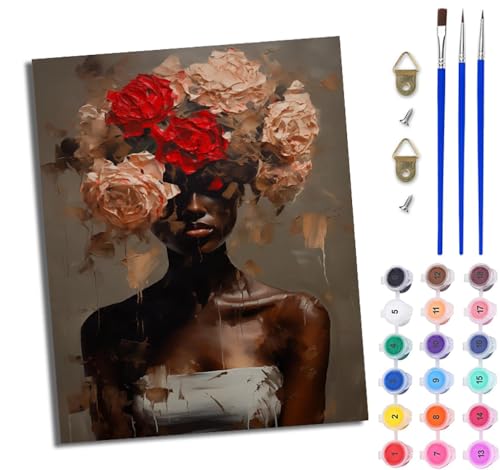 WJWWANG Malen Nach Zahlen Erwachsene Paint by Numbers Malen Nach Zahlen mit Pinseln und Acrylfarben Afrikanisches Blumenmädchen Handgemalte Ölgemälde Leinwand für Home Décor Ohne Rahmen von WJWWANG
