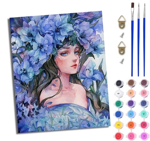 WJWWANG Malen Nach Zahlen Erwachsene Paint by Numbers Malen Nach Zahlen mit Pinseln und Acrylfarben Blaues Blumenmädchen Handgemalte Ölgemälde Leinwand für Home Décor Ohne Rahmen von WJWWANG
