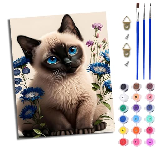 WJWWANG Malen Nach Zahlen Erwachsene Paint by Numbers Malen Nach Zahlen mit Pinseln und Acrylfarben Blume Siamkatze Handgemalte Ölgemälde Leinwand für Home Décor Ohne Rahmen von WJWWANG